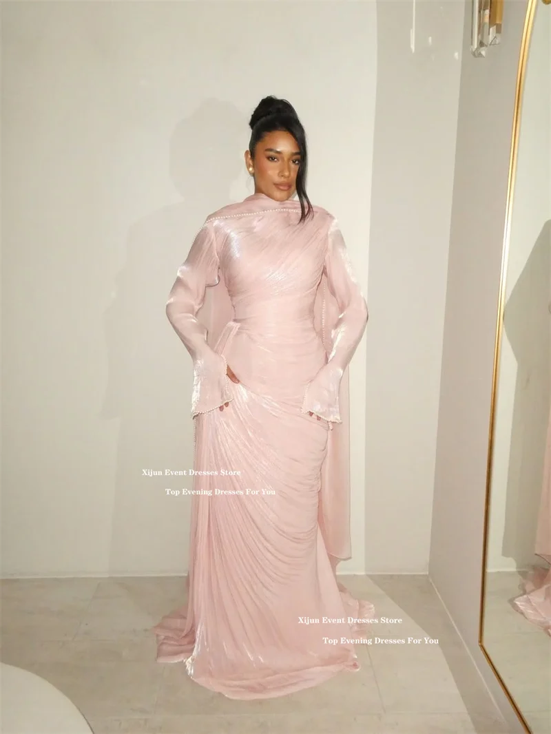 Suknie wieczorowe Xijun, skromne, różowe, długie, z długim rękawem, zdobione perłami, muzułmańskie suknie balowe, plisowane, luksusowe suknie balowe w stylu Dubai, damskie, szyte na miarę.