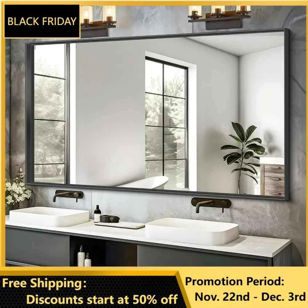 Bathroom Mirror, Black Rectangle Mirror Frame Vanity Mirror with Notches Corner for Bedroom, Living Room, Entryway mirrors