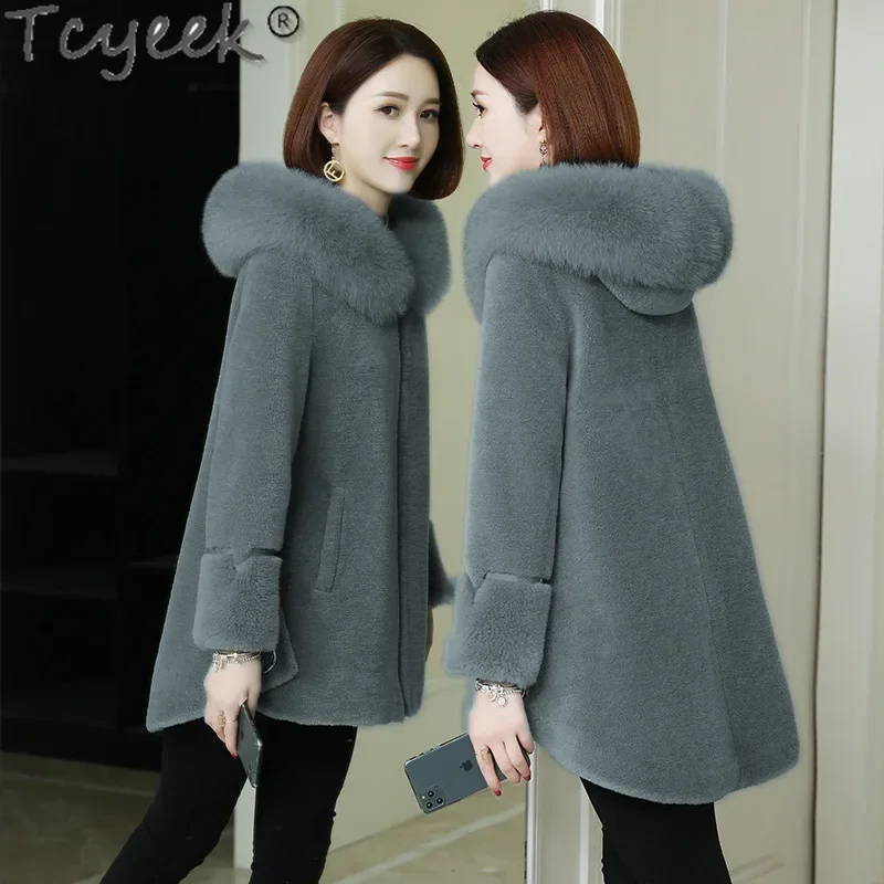 Tcyeek 100% Wool Jacket Grain Sheep Shearling Coats Winter Jackets for Women Warm Fox Fur Collar Mid-length Women's Fur Coat