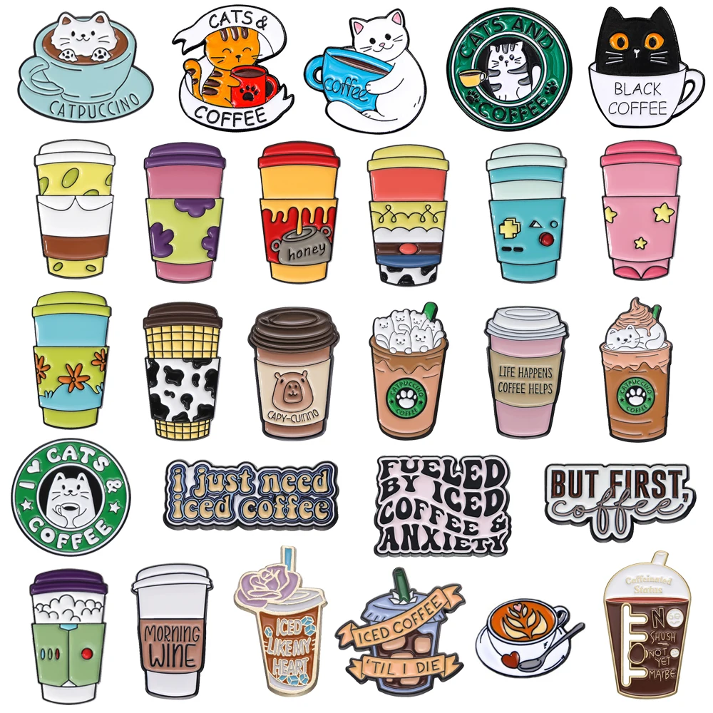 Cute Coffee Enamel Brooch Cat Honey Game Milk Capybara Ice Coffee Star Cat Capybara Cute Coffee Cup Metal Badge Punk Pin Jewelry