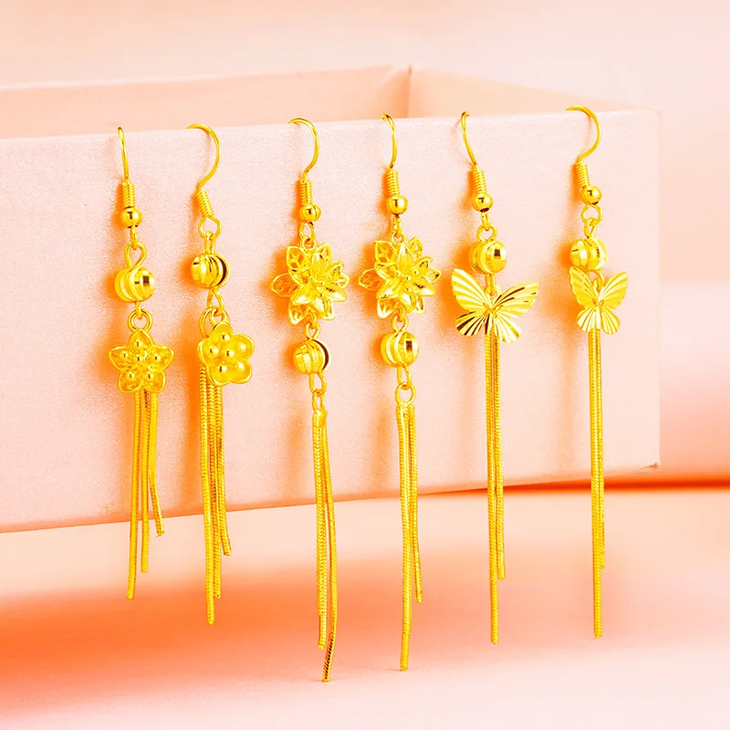 Luxury 24K 9999 Pure Gold real gold Fashion Flower Tassel Earrings Women Earrings