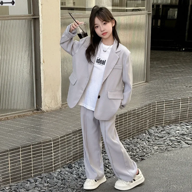 School Teen Kids Suit Fashion Grey Loose Blazer Wide Leg Pants Two Pieces Children Costume 10 12 14 Years Casual Kids Clothes