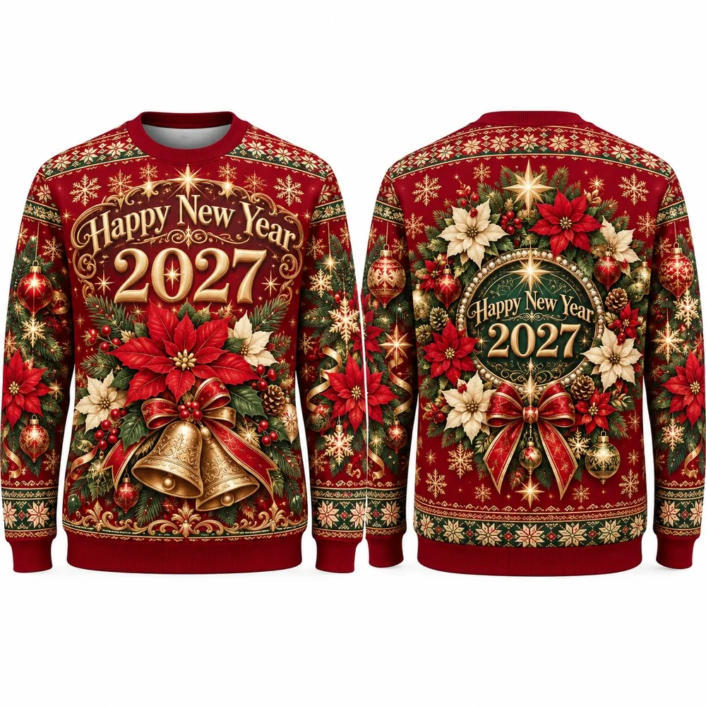 Funny Poinsettia Flowers Frame Happy New Year 2027 on Sweaters with an Ugly Christmas Sweater Print of Holly Ribbons and Bells