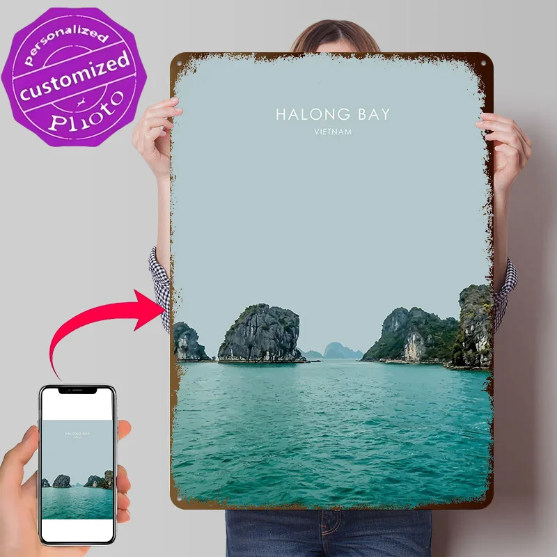 Placa de Metal Vintage Personalizada com Impressão 3D de Textura de Arte da Baía de Halong, Vietnã, para Decoração de Parede e Ambientes