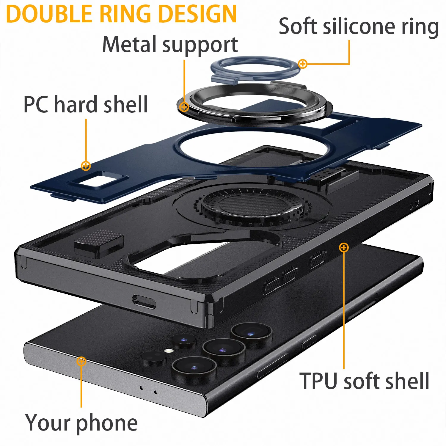 Para samsung galaxy s23 ultra 5g caso de telefone híbrido à prova de choque duplo anel kickstand áspero híbrido fino duro capa de telefone azul