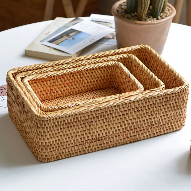 Rectangular Rattan Storage Baskets Handmade Woven Nesting Wicker Baskets for Decor Fruit Tray and Snack Storage Box