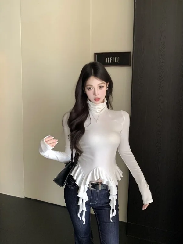 

Stunning Unique Beautiful Bell Sleeve Asymmetrical High Collar Slim Fit Base Shirt Inner Wear Top Nicole Rose S131 Winter 2025