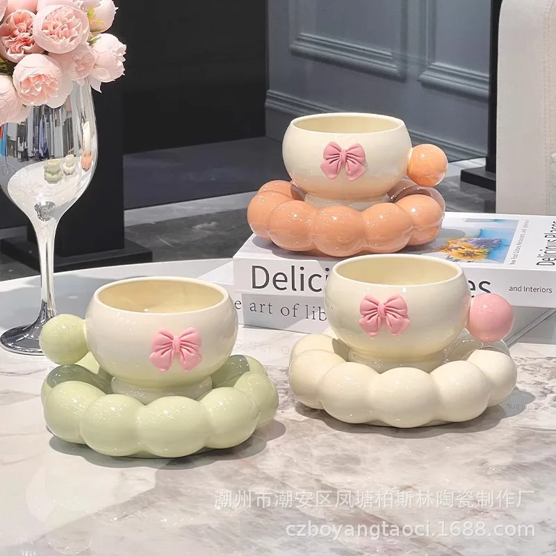 

Bow Coffee Cup with Flower Saucer Light Luxury Ceramic Cup Saucer Set High-value Niche Design Afternoon Tea Gift for Girls