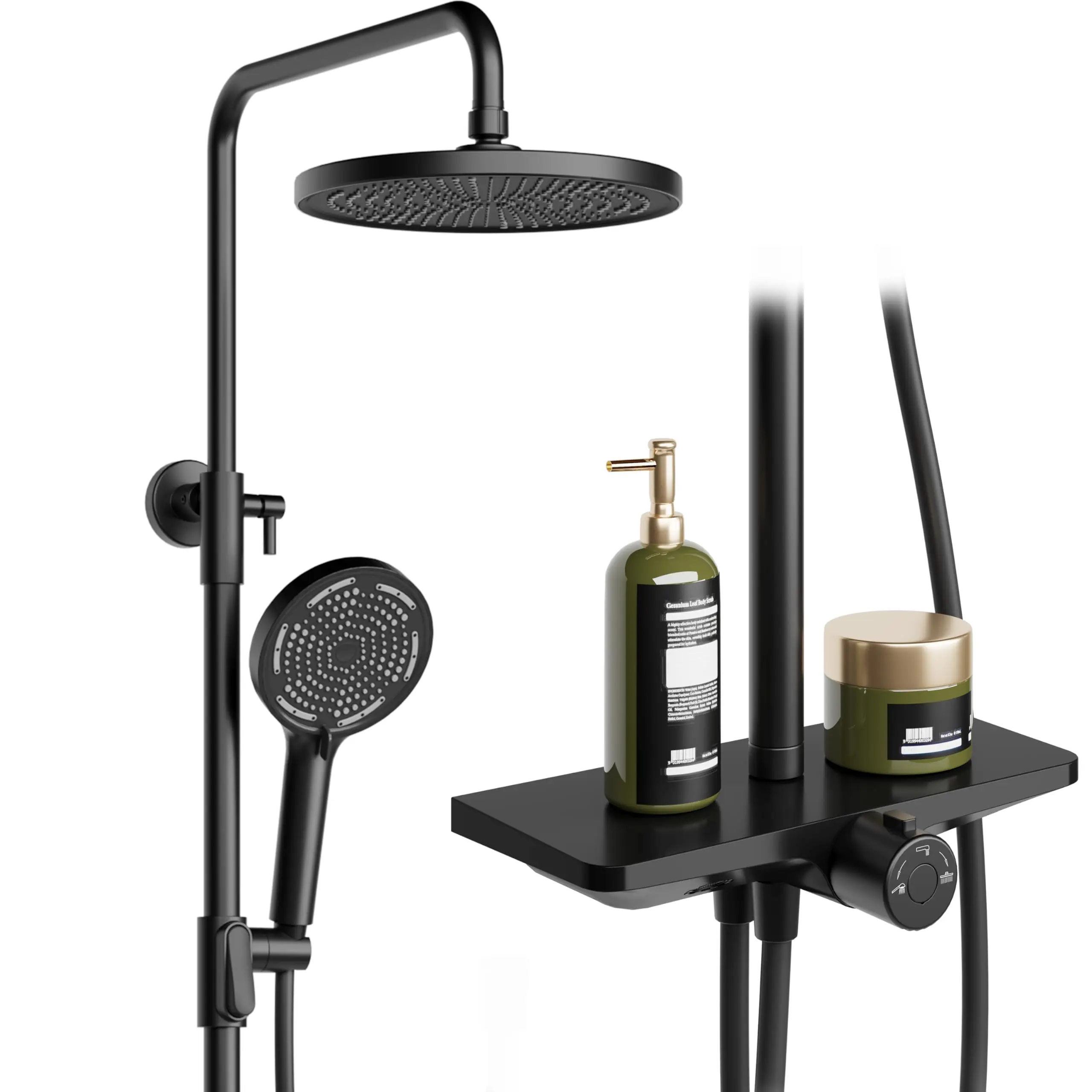 Douche pluie sans accessoire avec étagère, système de douche avec pommeau de douche, acier inoxydable, colonne de douche réglable, barre de douche, ensemble de douche plafond, ronde, 25 cm