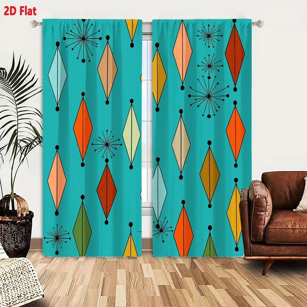 2Pcs Curtains 2D Flat Vibrant Mid-Century Modern Geometric Starburst Pattern On Teal Background With Orange Yellow Pink Green An