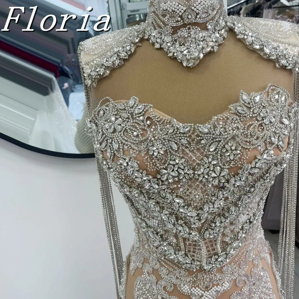 งดงามคริสตัล Rhinestones Mermaid ชุดราตรียาวพู่ดูไบผู้หญิงลูกปัดหมวก Gowns แต่งงานอย่างเป็นทางการ