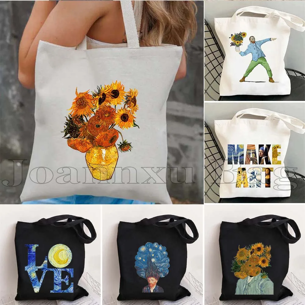 

Van Gogh Sunflower Vincent Painting Women Canvas Shoulder Tote Bag Iris Grunge Shopping Cotton Handbags Starry Night Books Bag