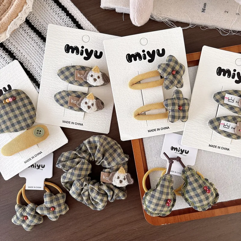 Hair Clip Scrunchie Plaid Star Yellow Brown Cute Kids Girls Early Fall Daily Wear Fun Hair Accessory Soft Fabric Small