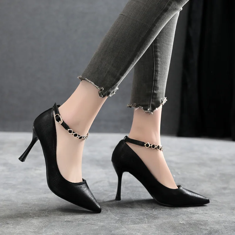 30-44 Pointed Stiletto Heels Small Size 31 32 33 Buckle Black Shoes Women Pumps Ladies Heels