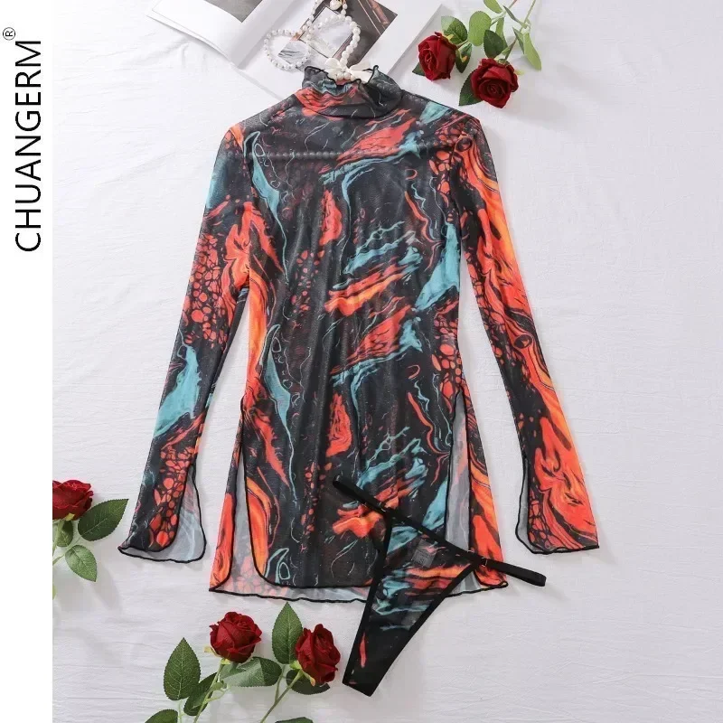 

CHUANGERM Two Piece Set Shestyle Slit Tie Dye Lingerie Women with Panty Colorful Turtleneck Mesh See-Through Long Sleeve Dresses