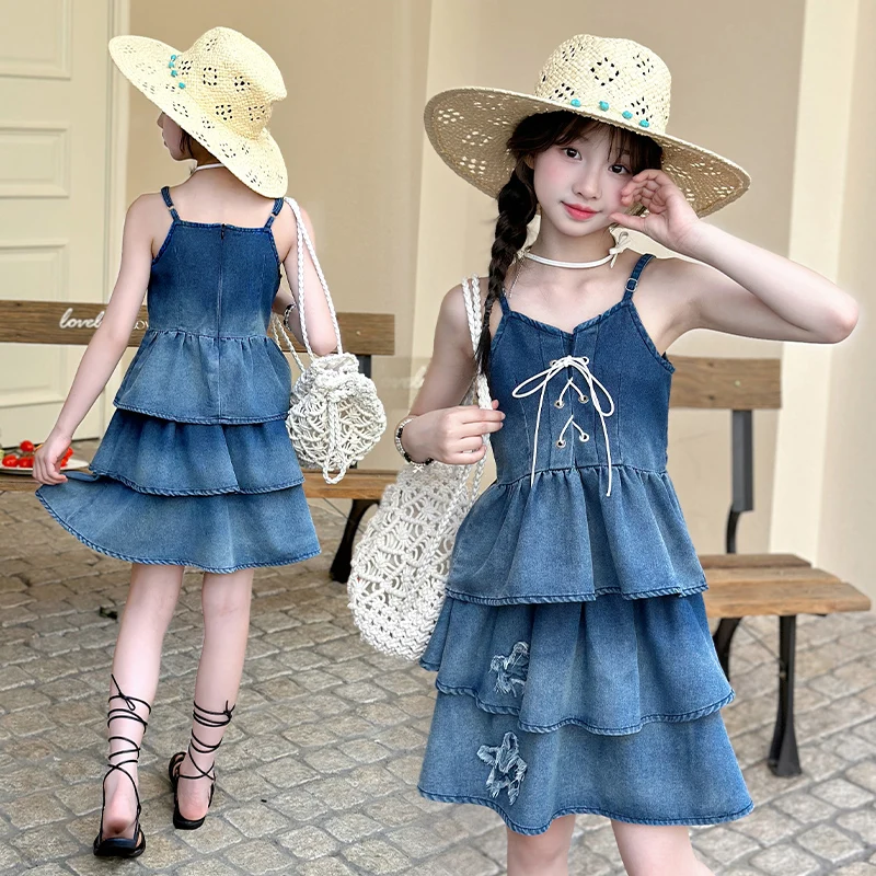 

Fashion Kids 2 in 1 Denim Cake Dress with Ruffles for Girls High Fashion Streetwear Outfit Children Elegant 2 Piece Dresses 5-14