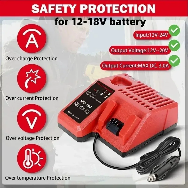 Portable Car Charger for Milwaukee 12V/18V Li-Ion Battery 48-11-2402 Cigarette Lighter Plug Quick Charger with LED Indicator