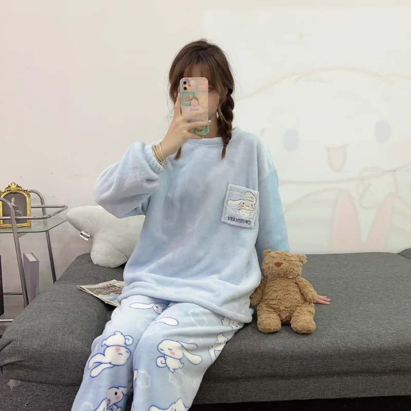 Sanrio Yugui Dog Winter Pajamas Crew Neck Long Sleeve Pants Cartoon Two-piece Set Warm Loose Women's Pajamas Homewear Set