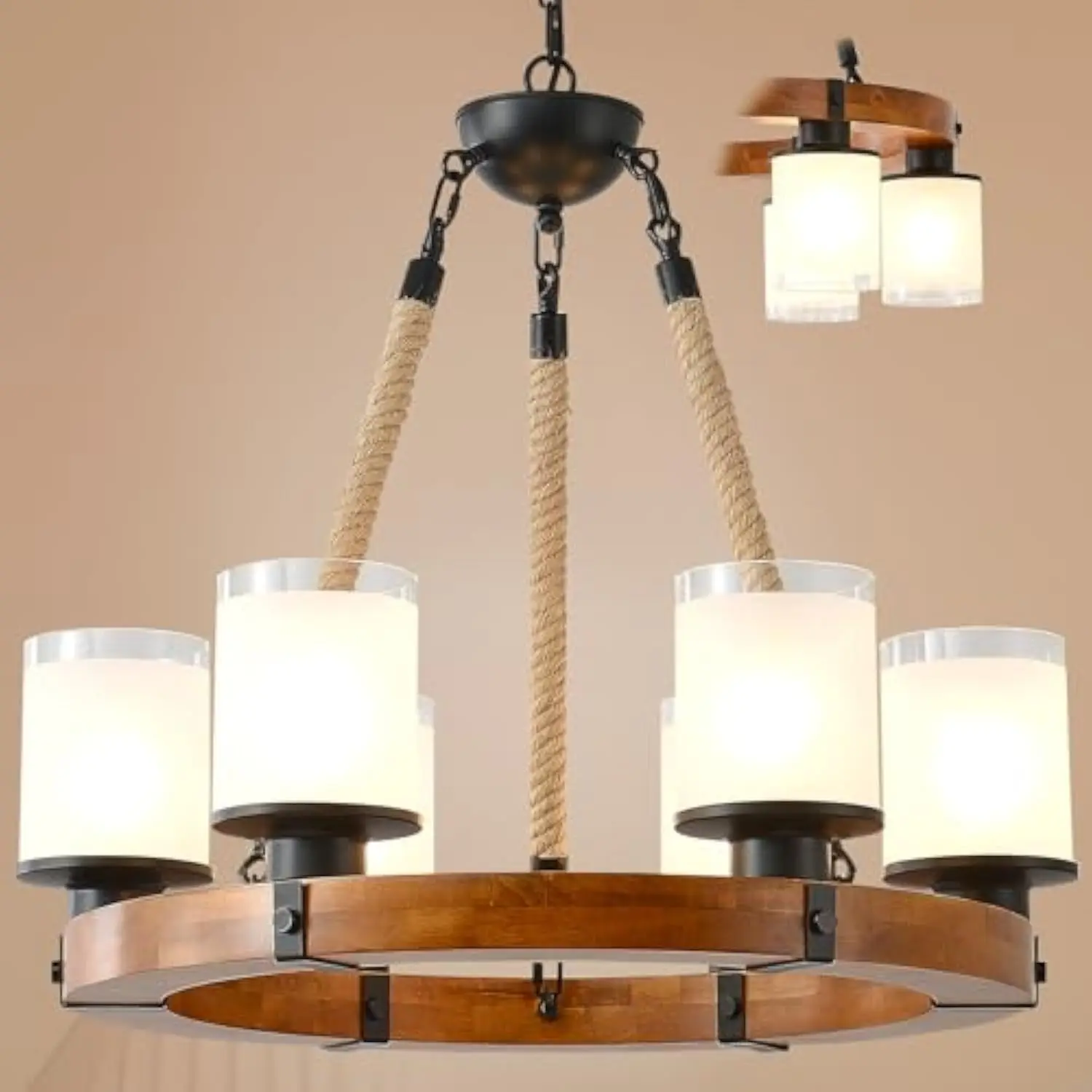 

Farmhouse Wood Wagon Wheel Chandelier,6-Light Rustic Pendant Light with Glass Shades,26”Round Retro Country Hanging Light Fixtu