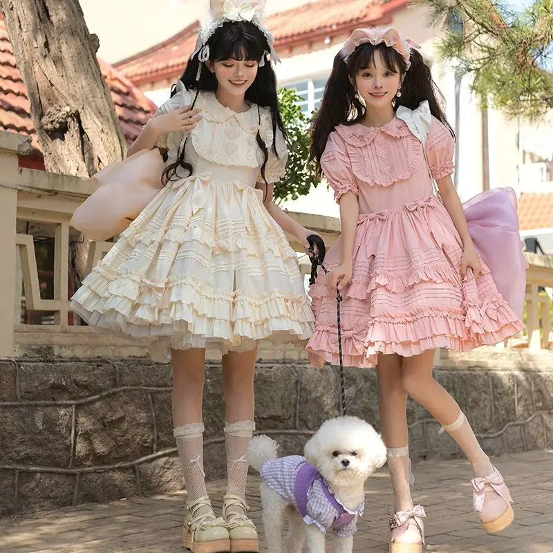 Coalfell Little Ice-cream Spot Solid Color Lolita Dress Female Summer Dress OP Lolita Fluffy Dress Women Back Big Dragtail