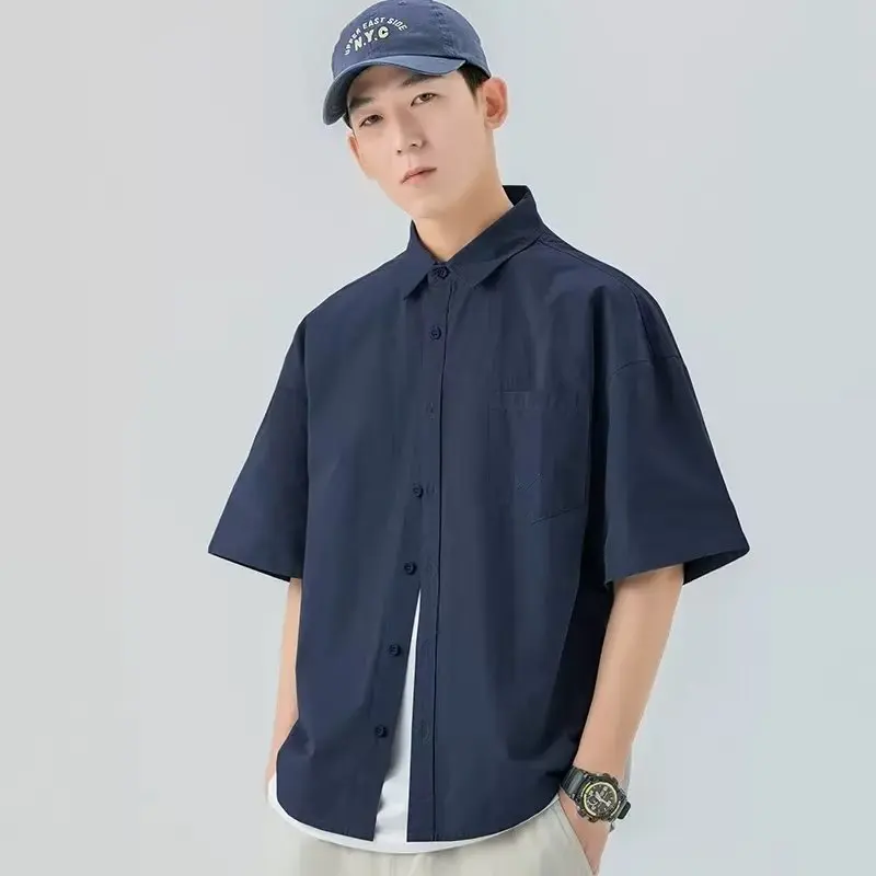 

3 Colors Lapel Shirts Men Vintage Solid Color Basic Summer Unisex Japanese Style Tops Pocket Design Clothing Handsome Leisure