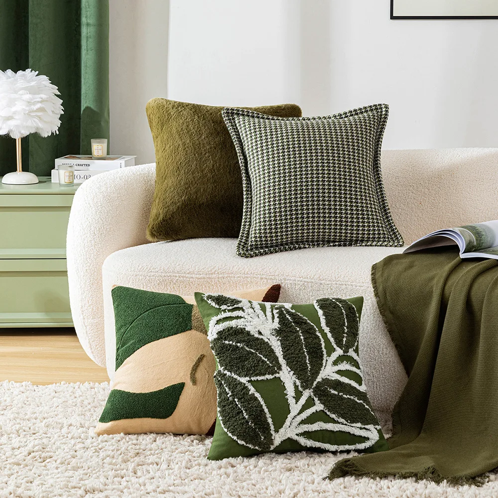 1PCS Green Combination Cushion Cover Art Design Embroidery Tufted Pillow Case Modern Minimalism Pillow Cover Decorative