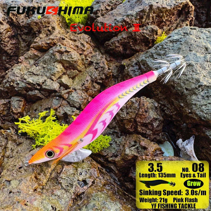 FUKUSHIMAZEECK3.5 SQUID JIG EVOLUTION EGI LURE FISHING WOOD SHRIMP BAIT FLASH BODY EYES & TAIL GLOW SHARP HOOKS 21GRAM EBI-SOUND – Detail 19
