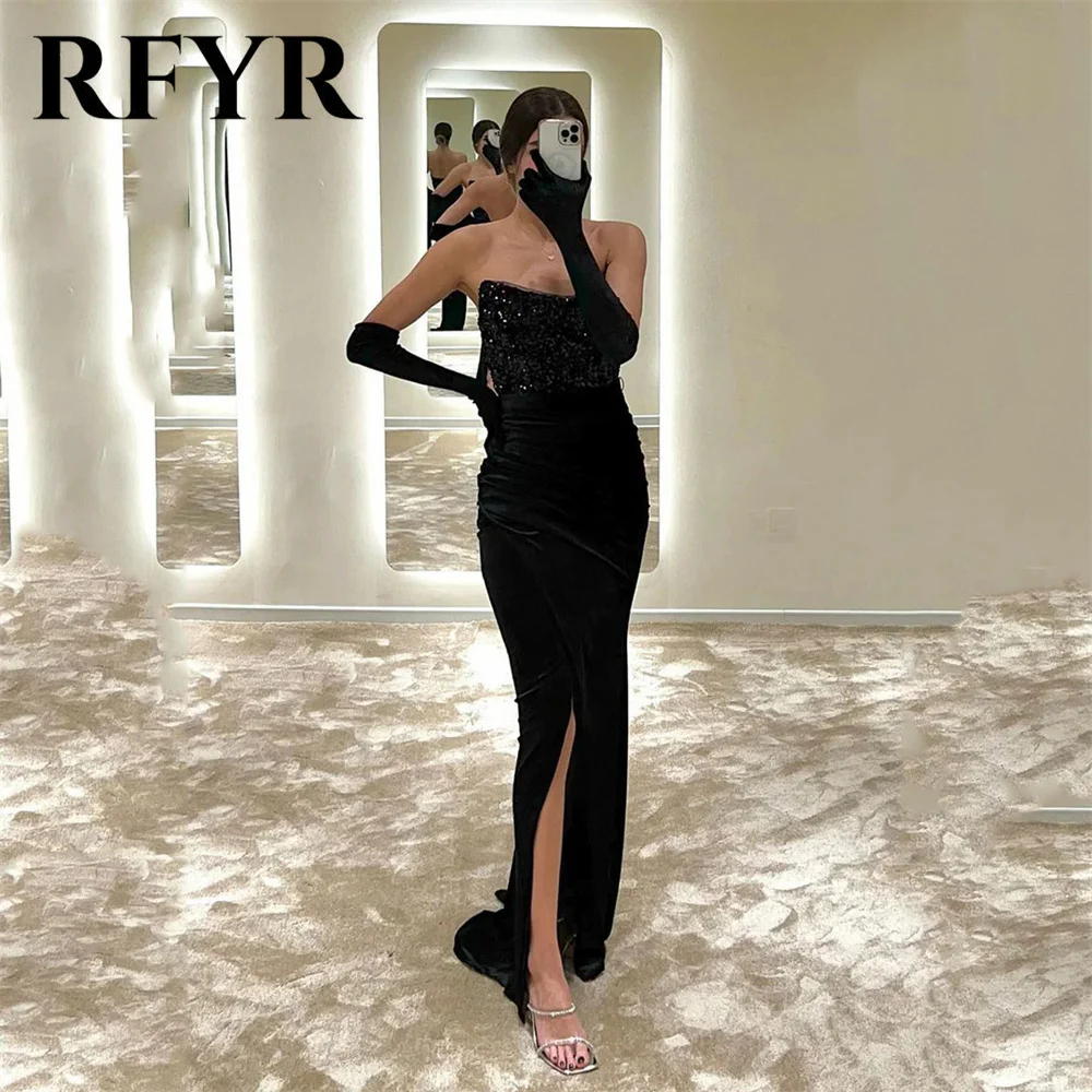 

RFYR Glitter Black Prom Dresses With Split Backless Strapless Party Dresses Sleeveless Mermaid robe soirée Stain Evening Dresses