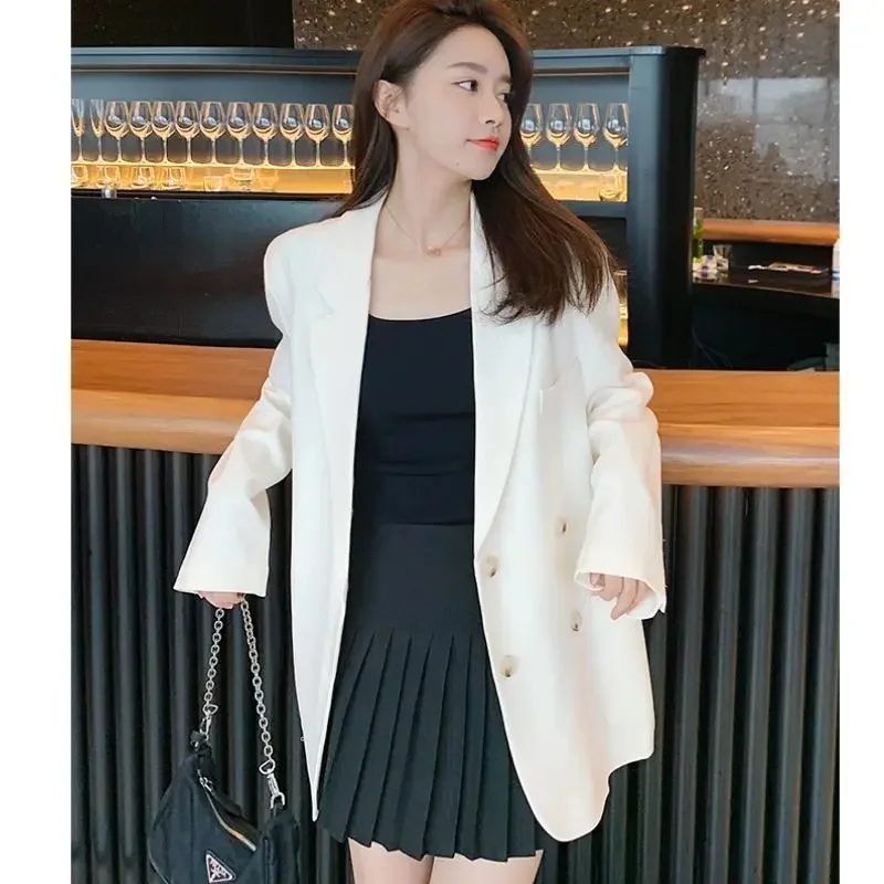 Lnsozkdg Creamy-white Women's Suit Jacket 2024 Spring Autumn New Double-breasted Korean Style Elegant Loose Casual Suit Blazer