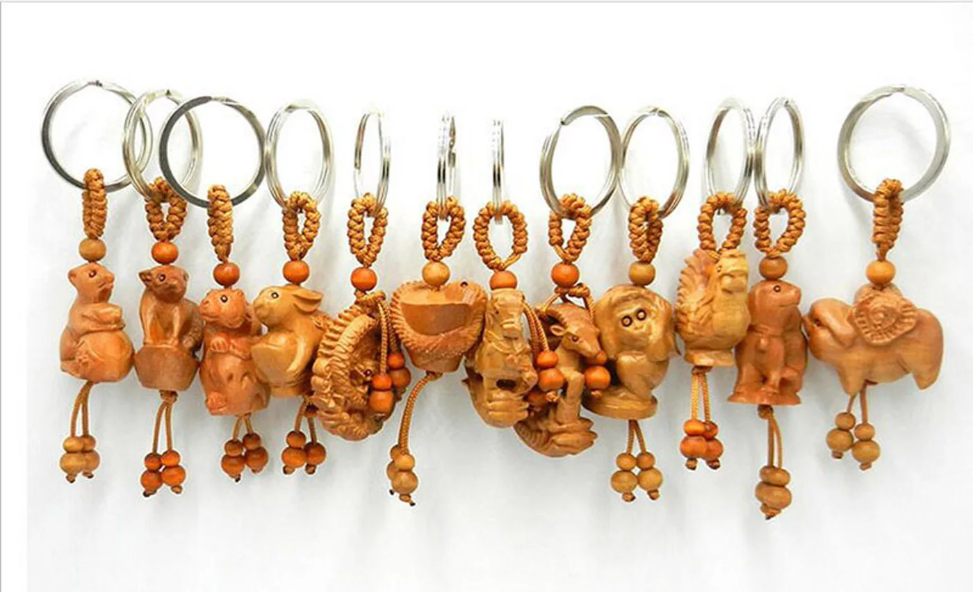 

DHL200pcs Chinese Style 3D Wooden Carving Artwork Zodiac Charms Keychain Fashion Backpack Chain Pendant