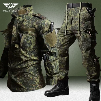 RU 육군 전투 세트 남자 야외 멀티 포켓 내마 모성 재킷 + 스트레이트 카고 바지 2 Pcs 정장 카모 훈련 전술 세트