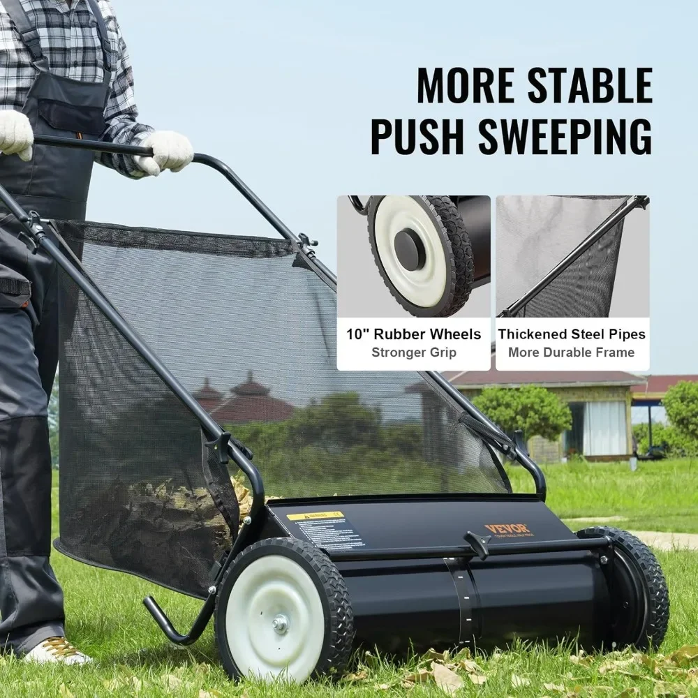 Push Lawn Sweeper, 26 Inch Leaf & Grass Collector, Strong Rubber Wheels & Heavy Duty Thickened Steel Durable