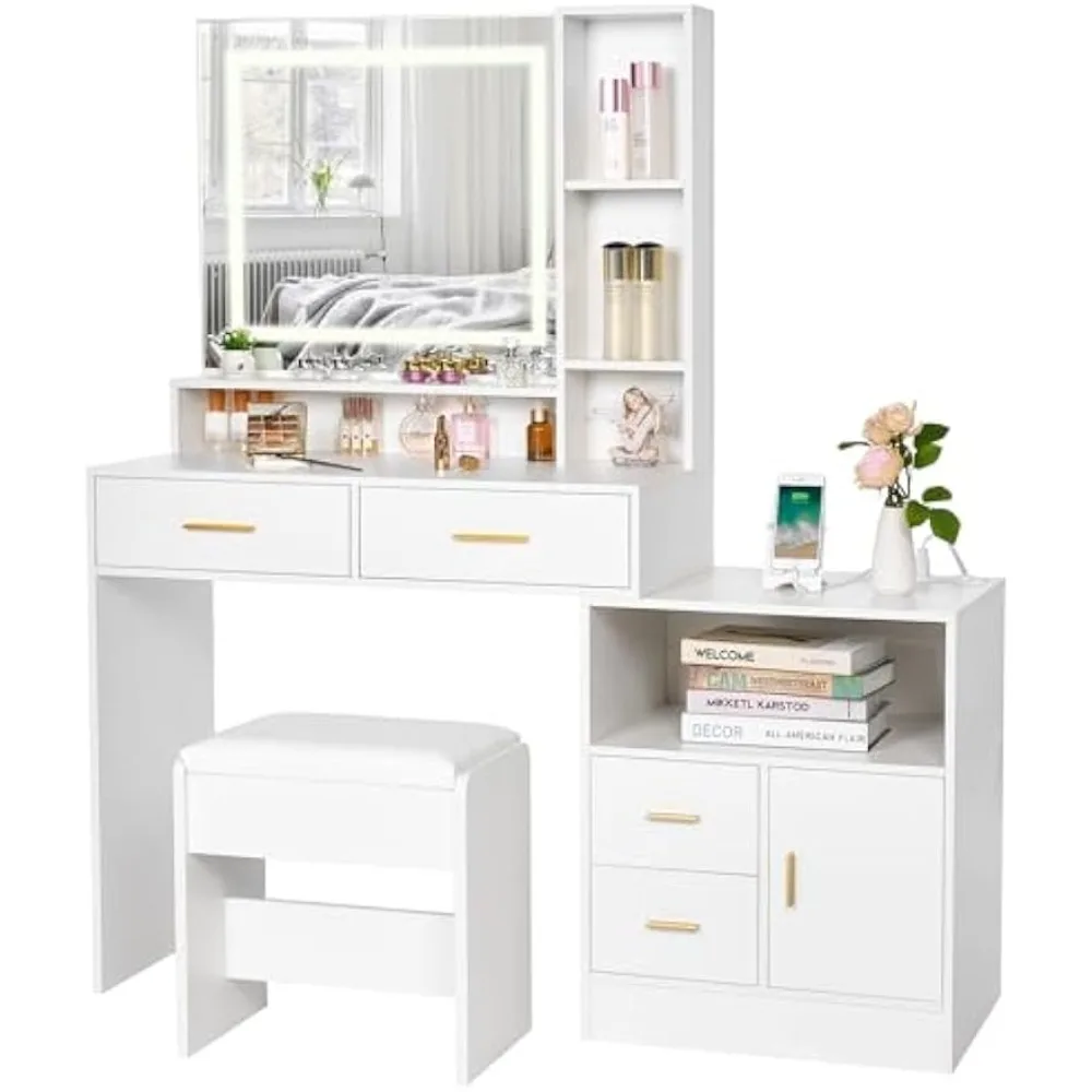

White Vanity Desk with Mirror and Lights,Makeup Vanity Set with 3 Colors Modes,Dressing Table with 4 Drawers Stool Power Outlet