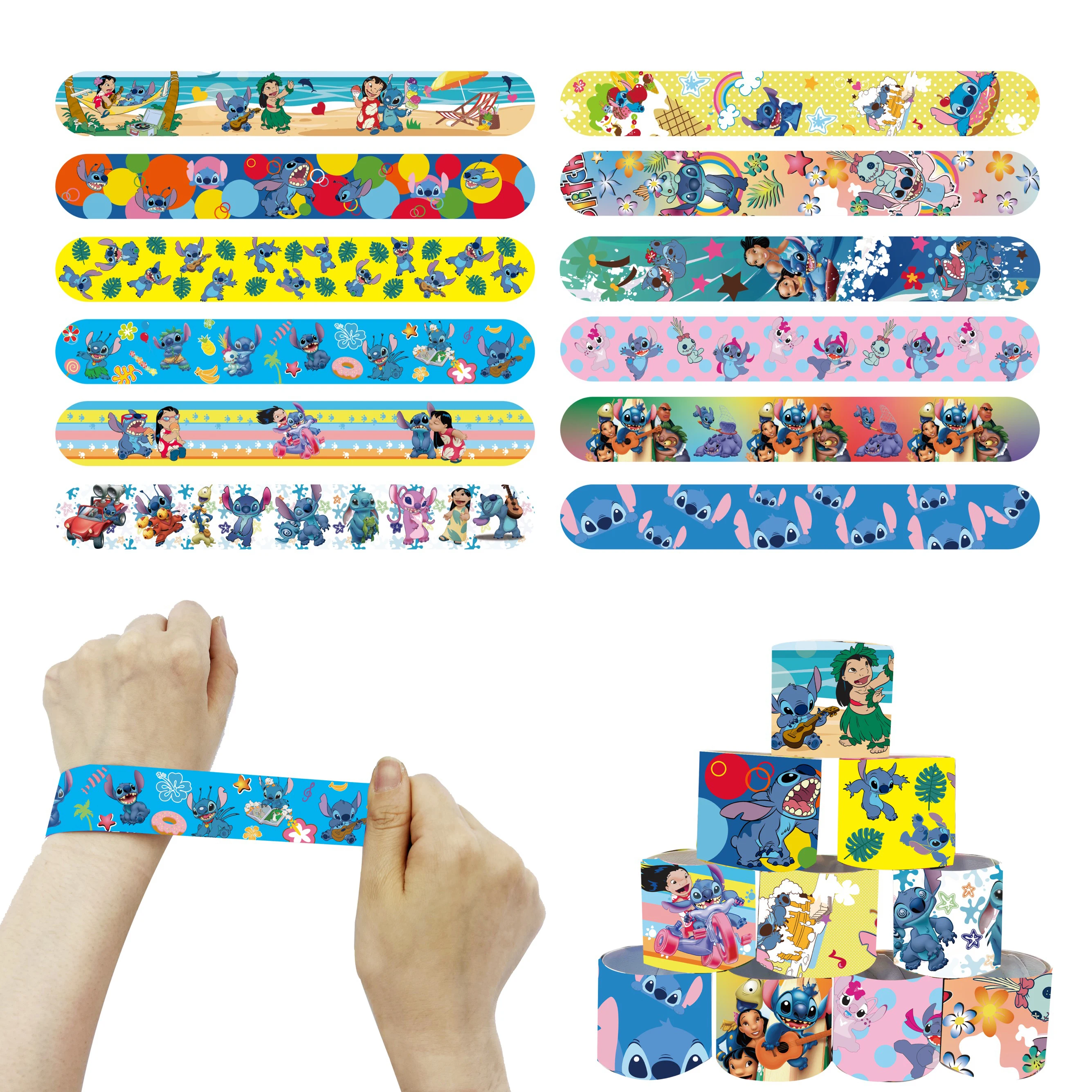 10pcs Slap Bracelets Lilo Stitch Mickey Mouse Princess Frozen Elsa Lion King Winnie Party Supplies Toys Favor for Kids Rewards