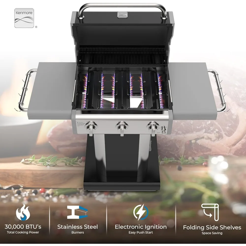 

3-Burner Propane BBQ Grill, 30,000 BTUs Gas Grill with Cast Iron Cooking Grates, Folding Side Tables & Wheels