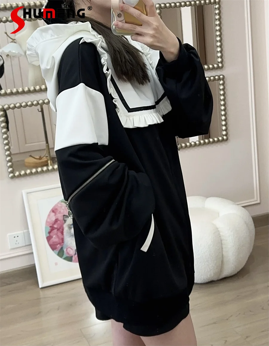 Cute Water Color Hooded Sweatshirt Coat Two-Way 2024 Spring New Japanese Style Sweet Long Sleeve All-Matching Hoodies Female