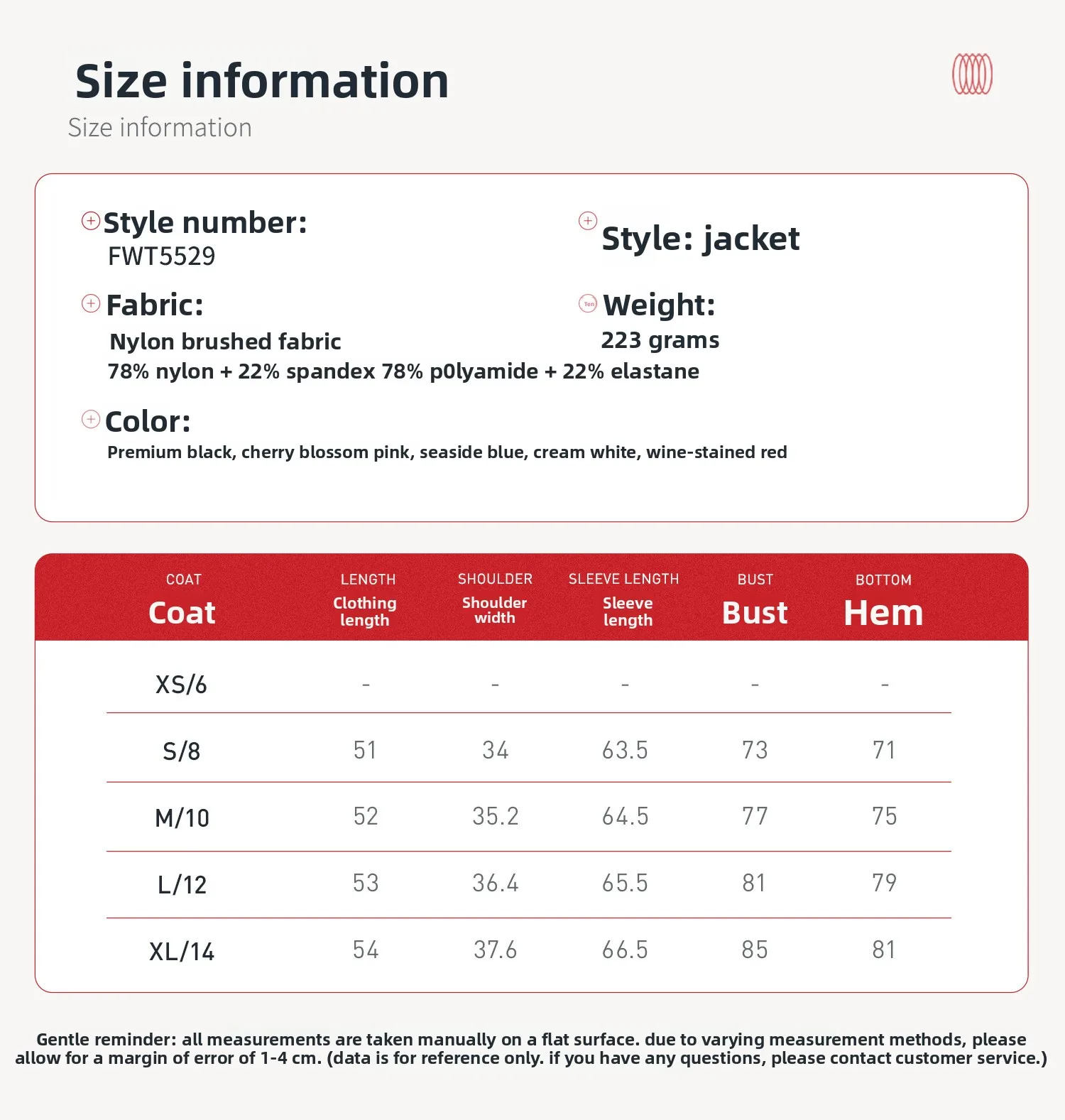 Size chart and fit details