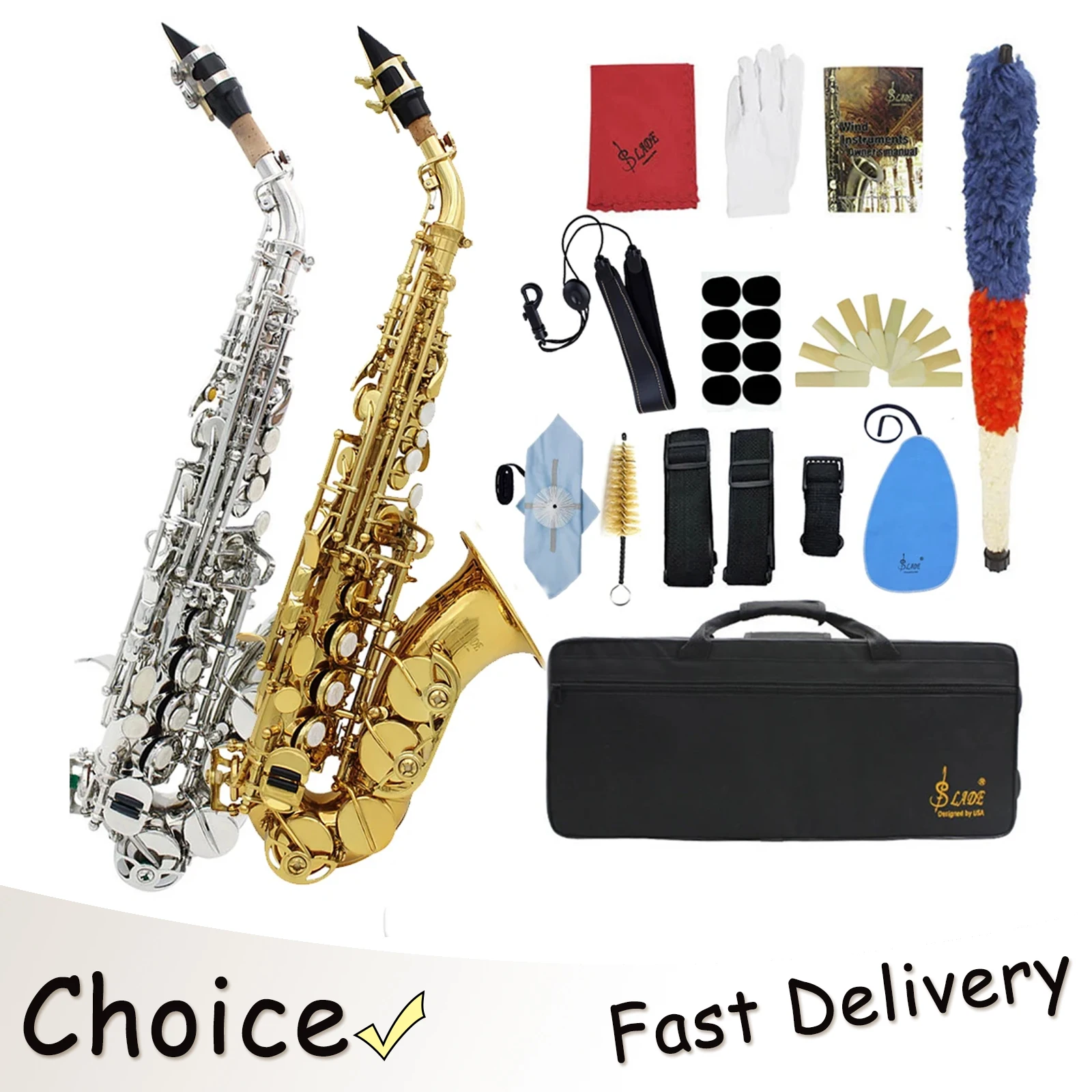 

Саксофон сопрано SLADE, тон Bb, латунный, с гравировкой в виде цветов, с тростями, чехлом, мундштуком, аксессуары для духовых инструментов