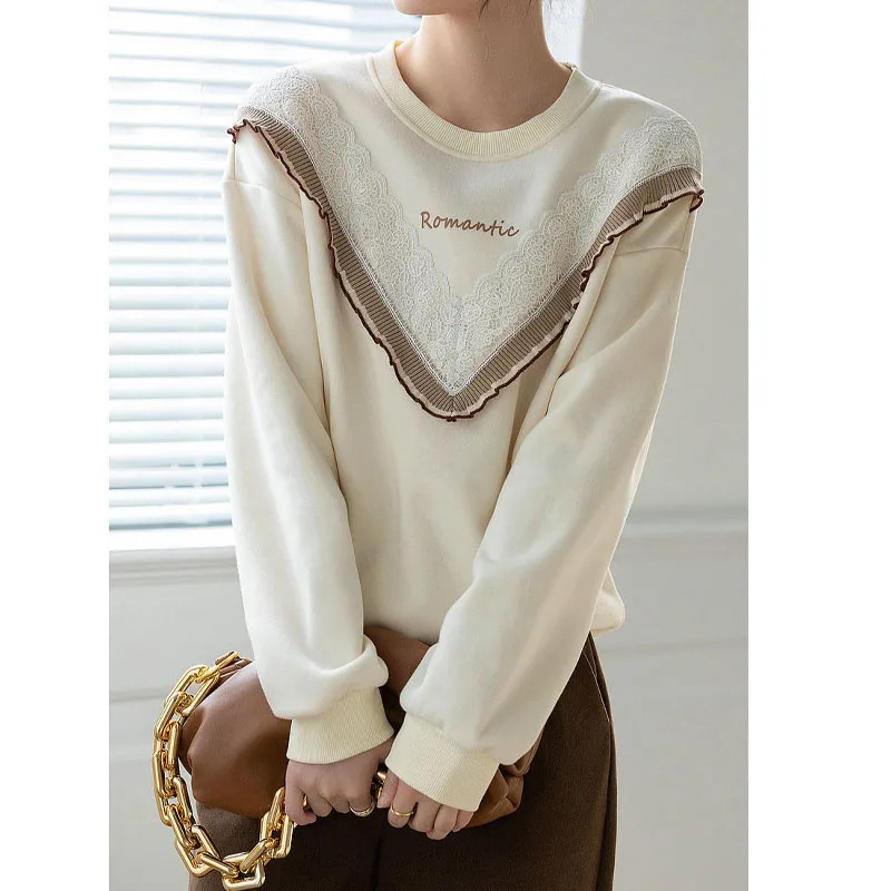 

Elegant Fashion Lace Spliced Women's Pullovers Tops Korean Thin Solid Color Round Neck Sweatshirts Autumn Winter Female Clothing