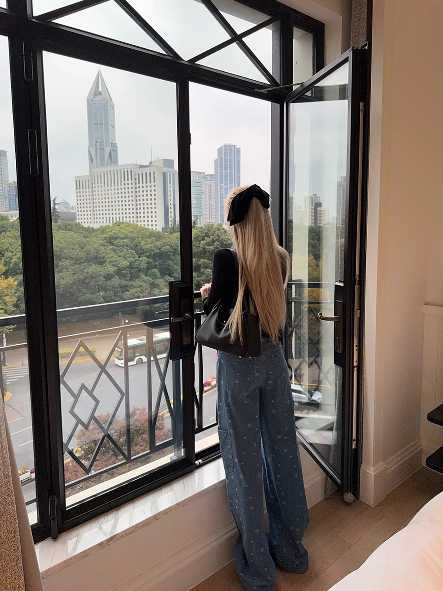 

Tannin лыжные свободные повседневные широкие джинсы женские с цветочной вышивкой свободный крой с высокой талией хлопковые эластичные джинсовые джинсы осень-весна