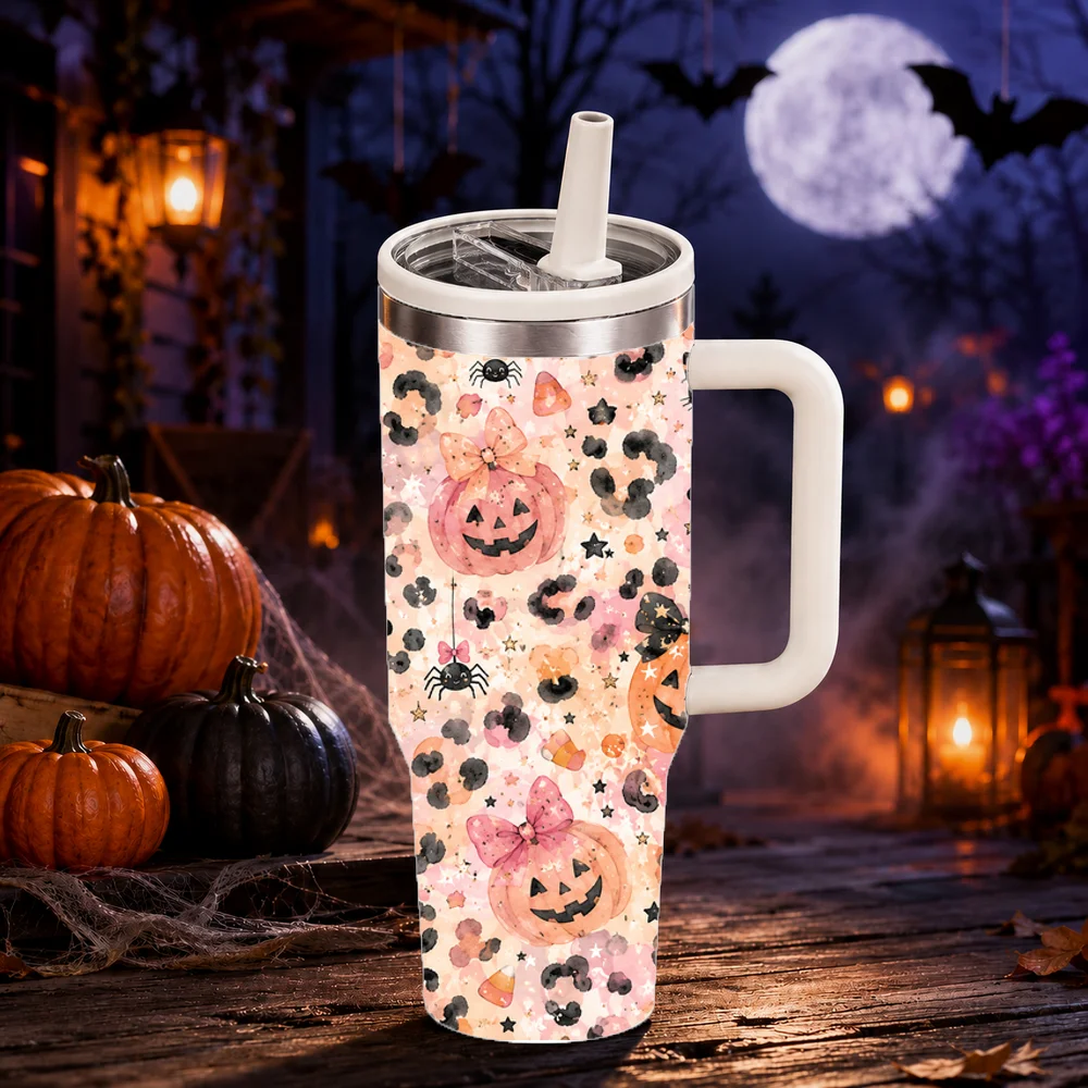 Pastel Spooky Pattern Vacuum Flasks 40oz Large Capacity Stainless Steel Tumbler with Handle Straw Lid Insulated Travel Mug Cup