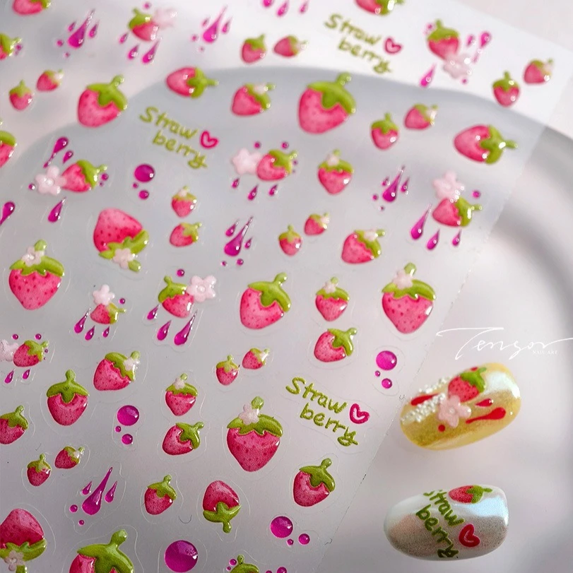 사랑스러운 핑크 크림 딸기 쥬시 과일 꽃 녹색 잎 사랑 하트 귀여운 5D 셀프 접착 네일 아트 스티커 매니큐어 데칼