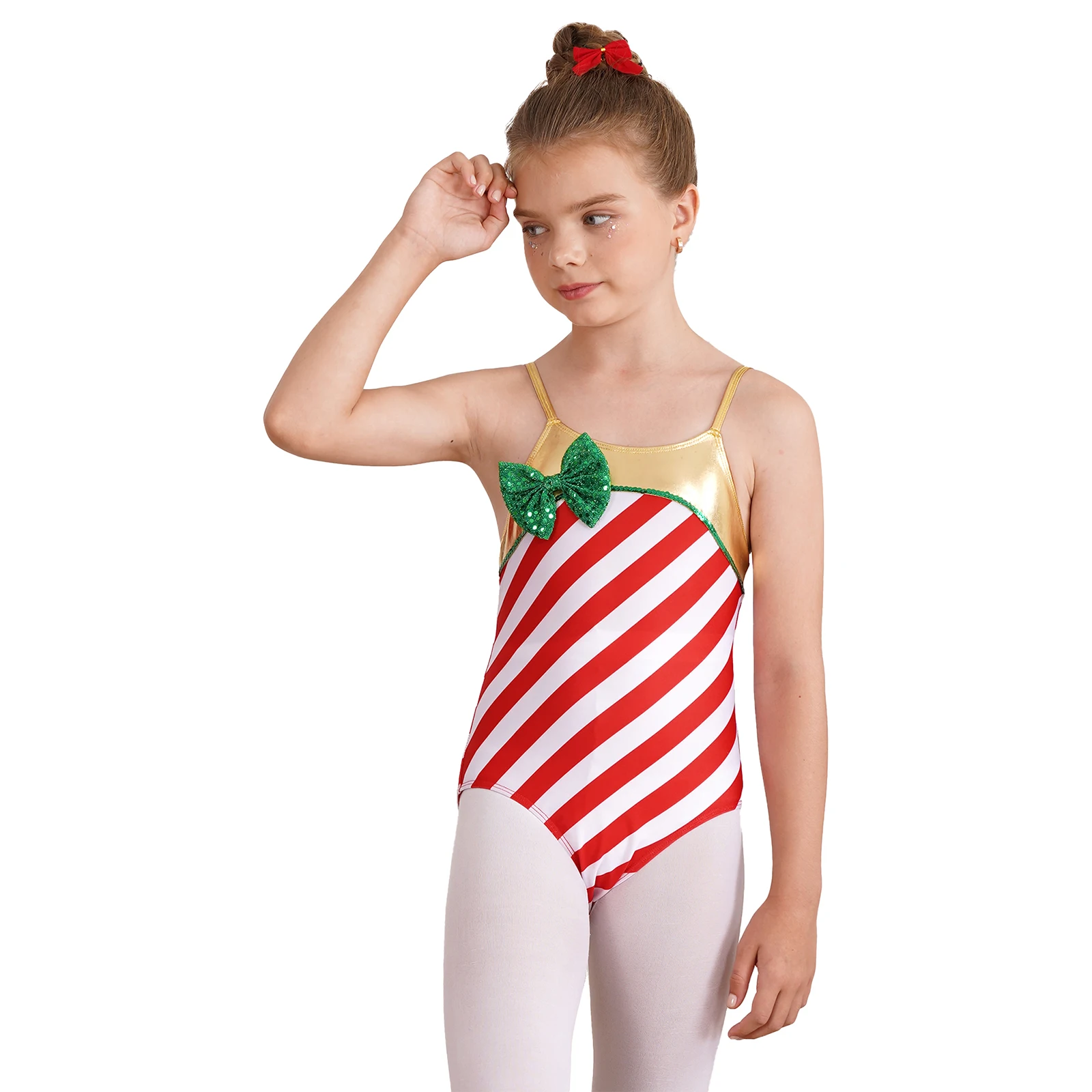 Girls Christmas Bodysuit Ballet Dance Figure Skating Gymnastics Yoga Leotard Sleeveless Striped Jumpsuit Xmas Party Dancewear