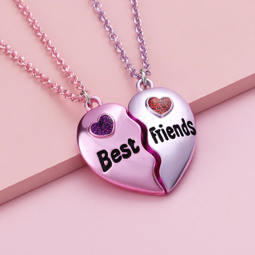 Winoneday 2Pcs/set Multicolour Heart-shaped Stitching Best Friend Bestie Necklace BFF Friendship Jewelry Gifts for Women