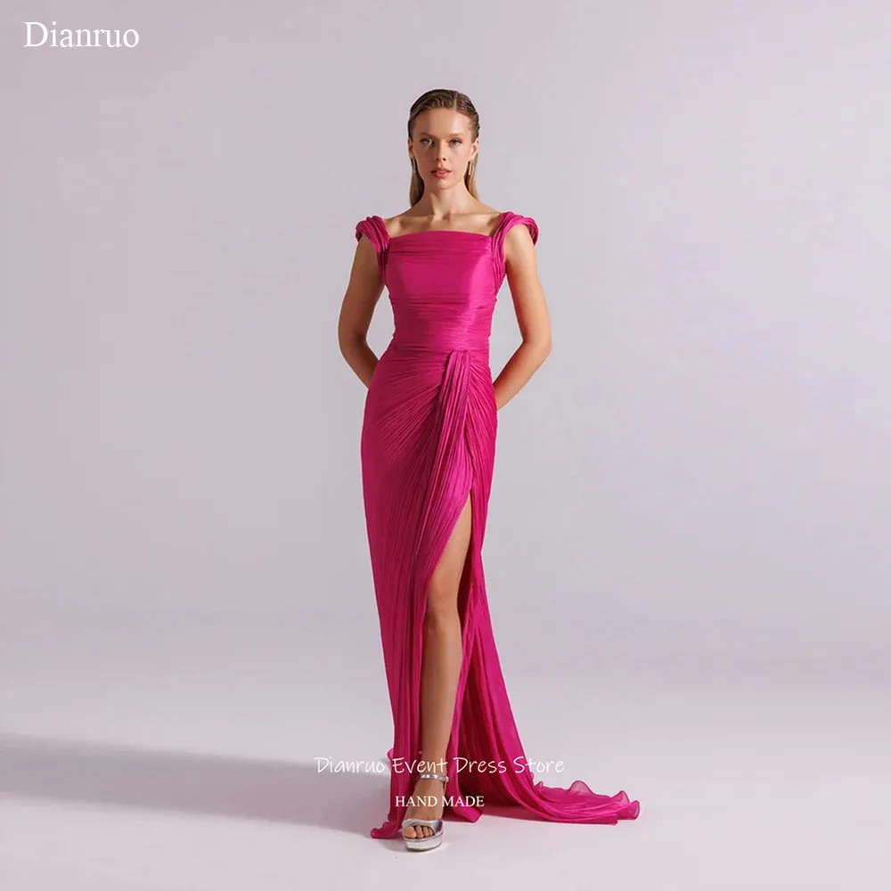 

Dianruo Fuchsia Square Neckline Evening Dresses Chiffon Ruched Vestido De Fiesta High Side Slit Dresses 2025 Woman Customized