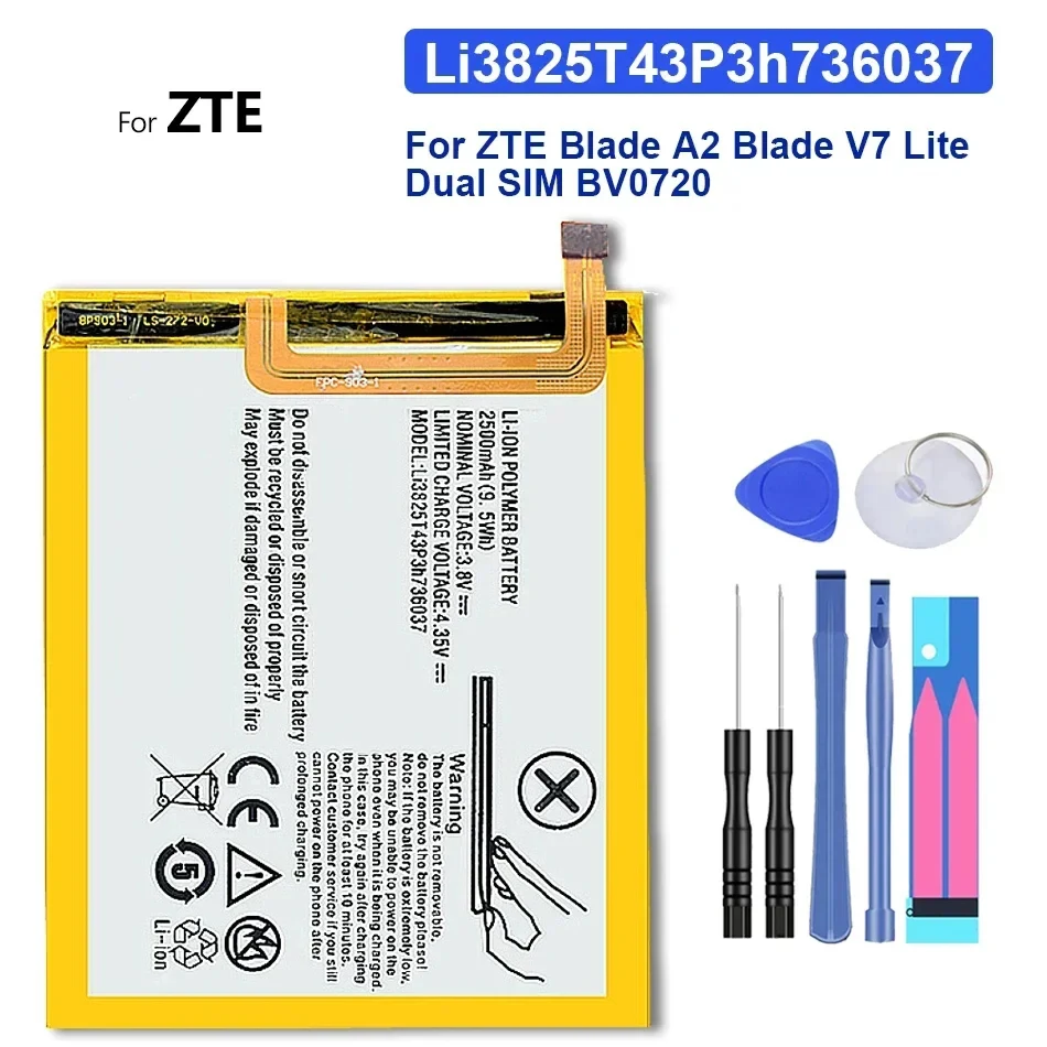 بطارية 2500 مللي أمبير في الساعة لهاتف ZTE Blade A2 V7 Lite V7lite ثنائي الشريحة BV0720 Li3825t43p3h 736037   الهاتف المحمول + التسليم المنزلي