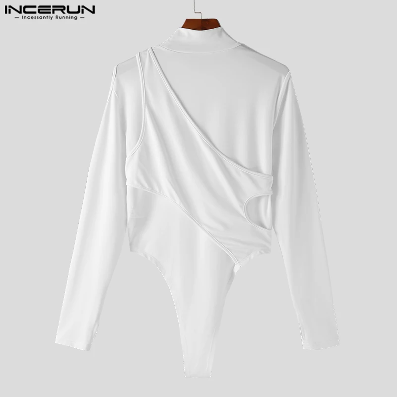 INCERUN 2024 Sexy Mens Bodysuits Half High Neck Solid Shoulder Hollowed Rompers Stylish Male Thimble Long Sleeve Jumpsuits S-3XL