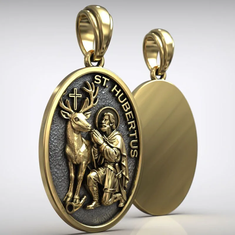 10.3g medalha saint hubert pingente cristão caça patrono medalhão personalizado 925 sólido esterlina prata ouro pingente