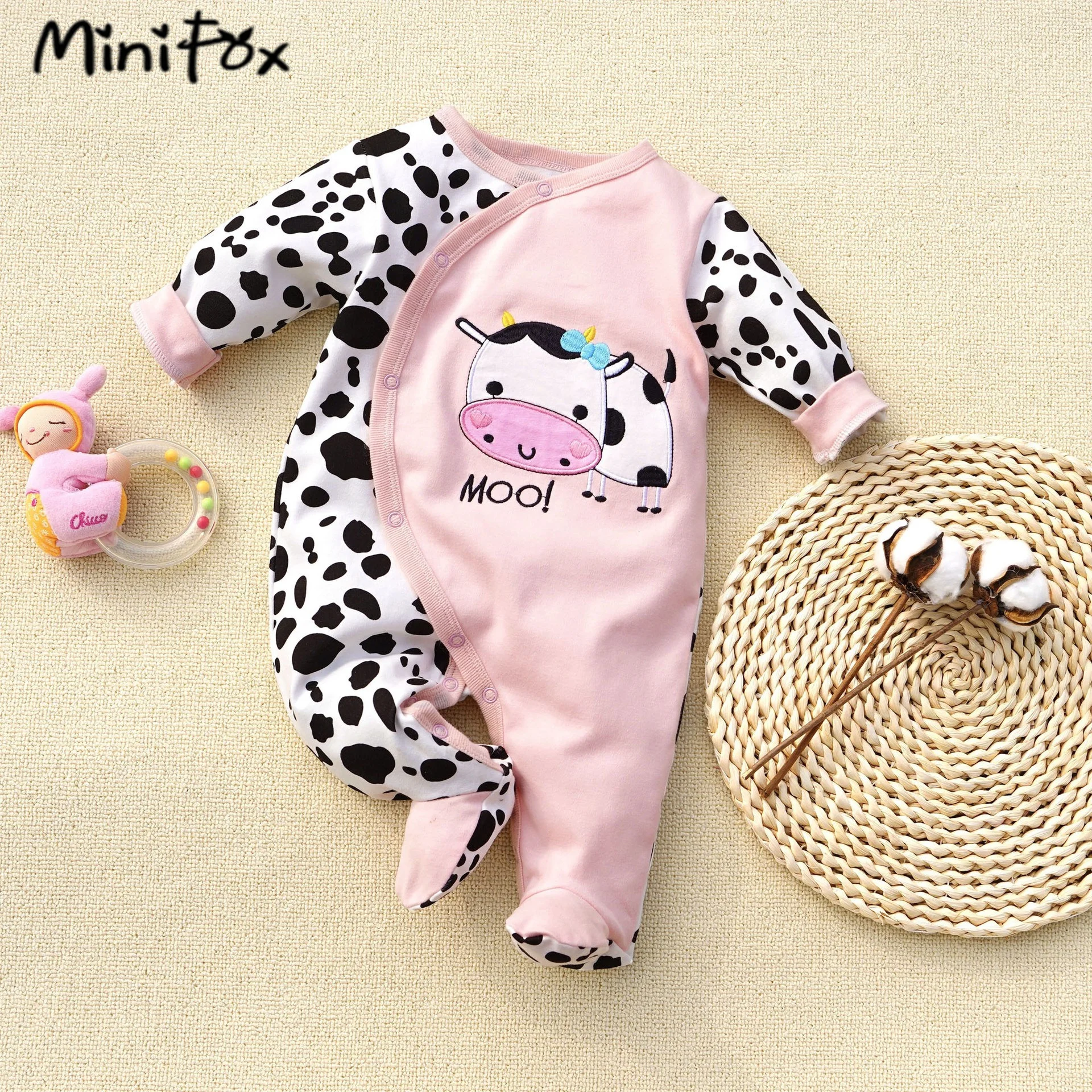 MiniFox Baby Girls Clothes 100% Cotton Soft Newborn Romper Jumpsuit For Babies Rabbit Cow Animas Print Infants Bodysuit Onesies