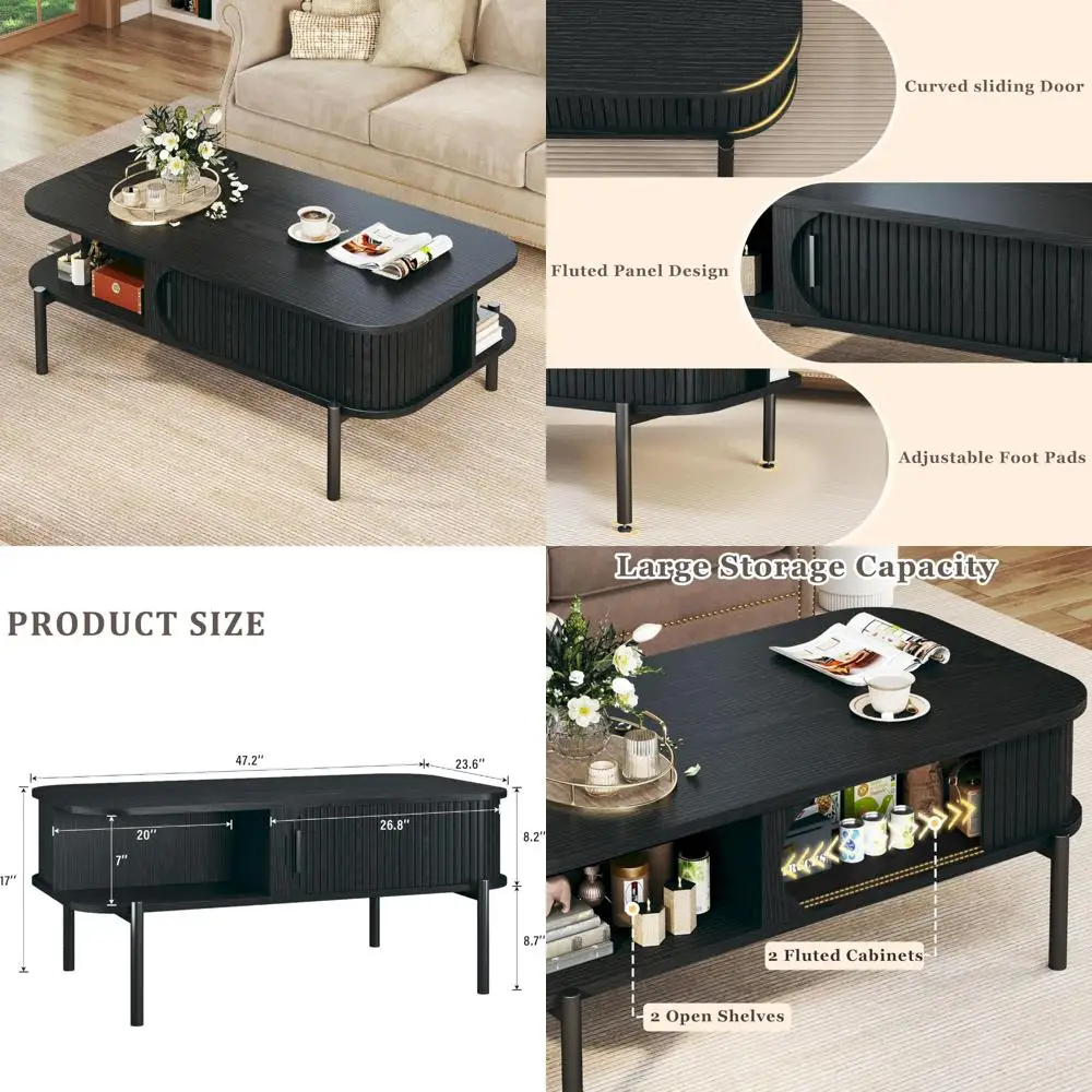 Mid Century Modern Coffee Table with Storage Open Shelf for Living Room, Fluted Design Coffee Table